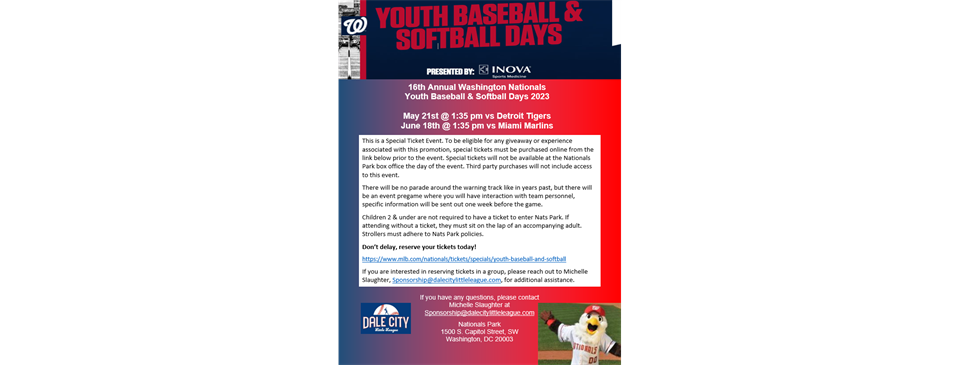 Youth Baseball & Softball Days with the Washington Nationals