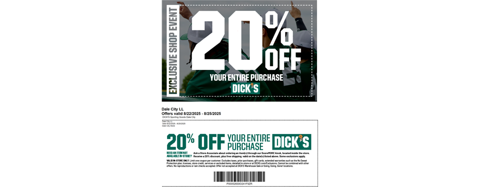 20% DCLL Days at Dick's 8/22 - 8/25